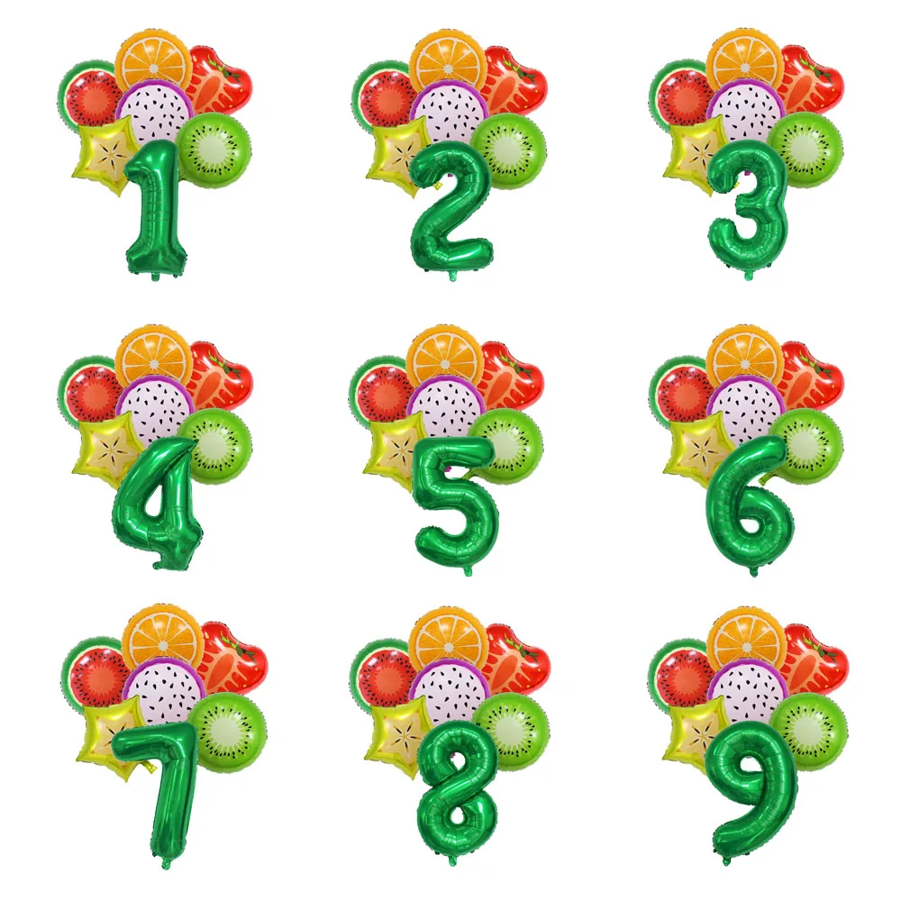 

7PCS Summer Fruit Themed Strawberry Pitaya Watermelon Orange Kiwi Numbers Foil Balloons 0-9 Years Old Birthday Party Decorations