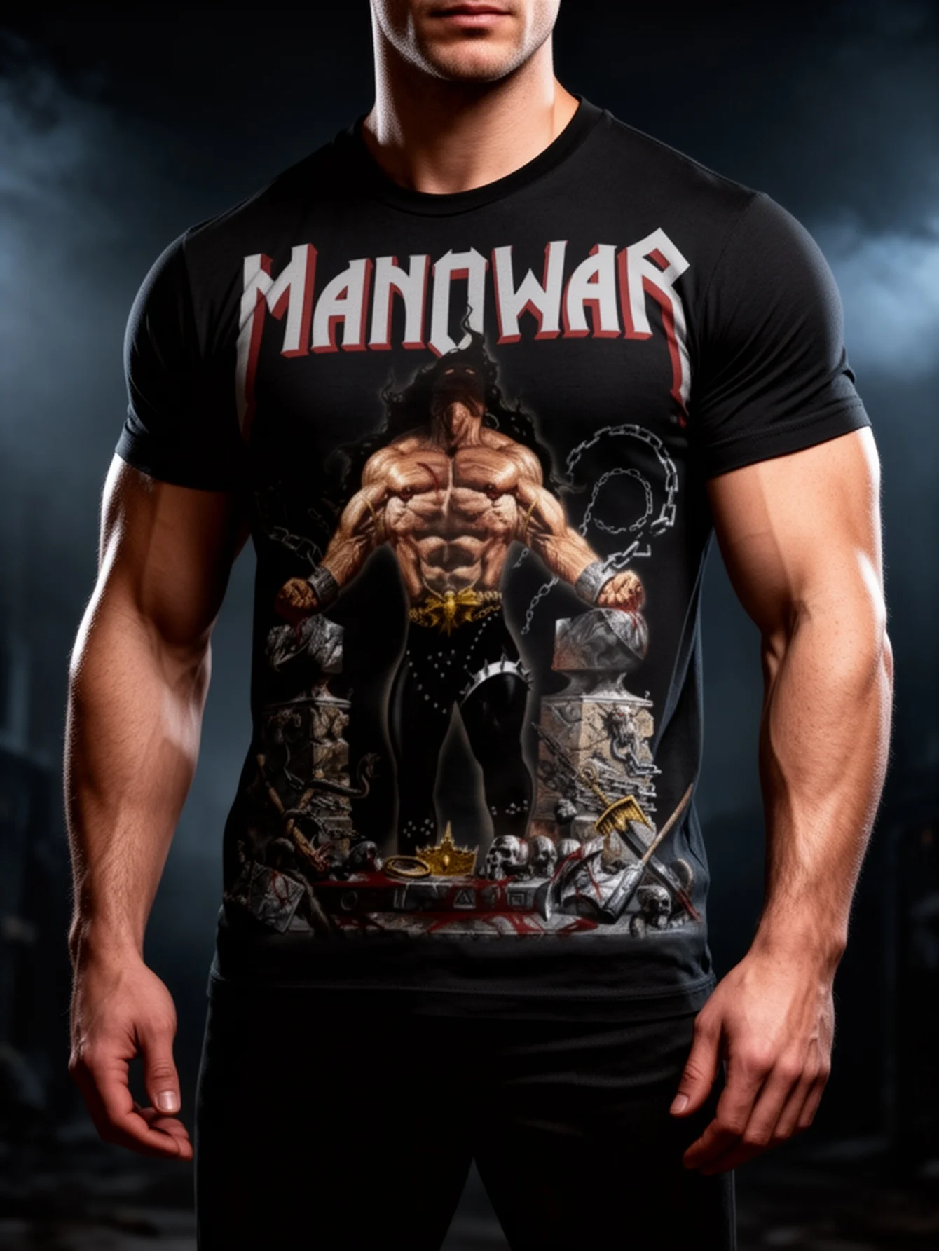 Camiseta masculina com estampa de metal pesado - Camiseta com design MANOWAR - Estampa de guerreiro ousado preta - Ideal para uso regular com camisetas de algodão