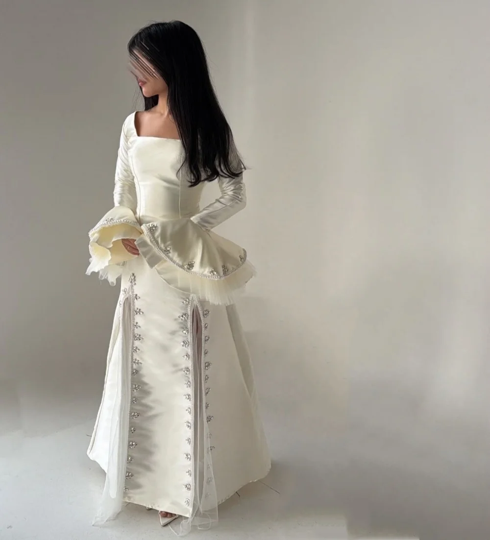 

Customized Elegant Formal Evening Dress Rhinestone Square Neck A-line Glitter Long Dresses Grace Party Wedding High Quality