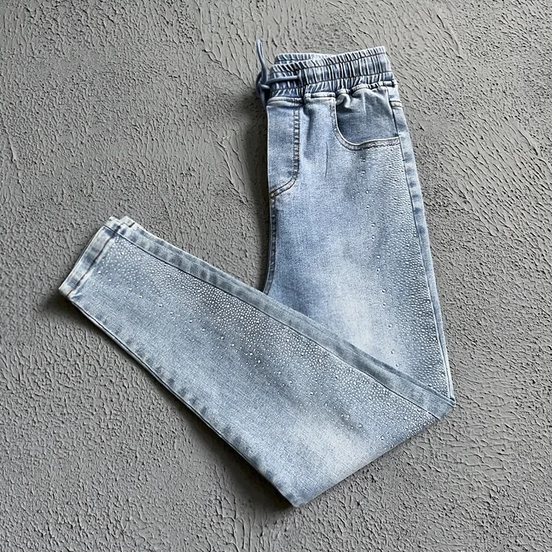 Jeans elástico com strass feminino, calça lápis elástica, calça harém, cintura alta, versão coreana, moda primavera e verão