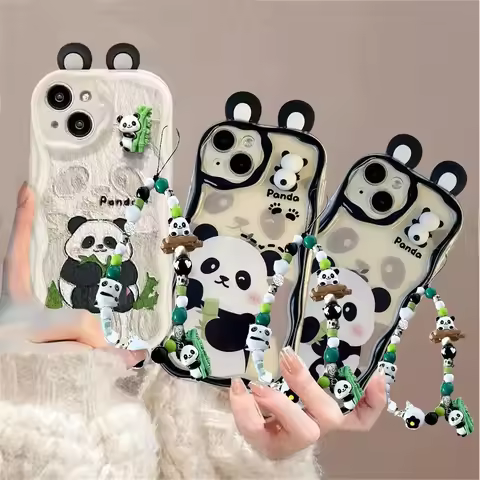 3D Ear With Panda Chain Lanyard Case For Samsung Galaxy S25 S24 S23 S22 Ultra S21 Plus S20 FE M16 F06 A32 A73 Cover Silicone Sof