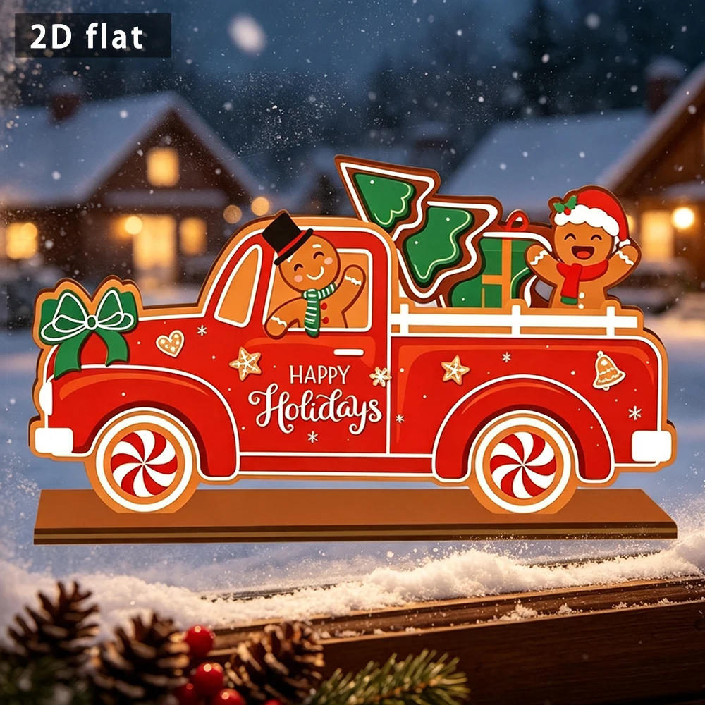 Wooden Christmas Truck Tabletop Sign, 2D Flat Gingerbread Man Ornament, Happy Holidays Freestanding Winter Desktop Decoration