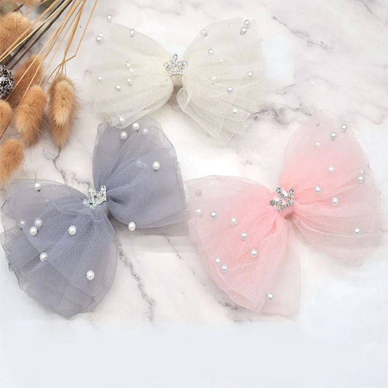 Sweet Princess Lace Bows Hairpin Kids Pearl Crown Barrettes Hair Clips For Baby Girls Headwear Fashion Children Hair Accessory