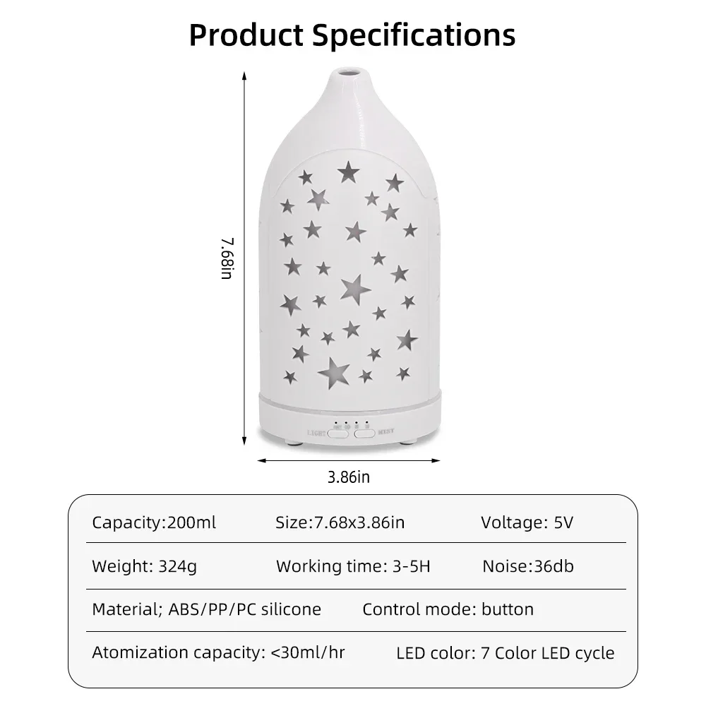 Star Hollow Essential Oil Diffuser  7 Adjustable LED Lights, Whisper-Quiet & Safe Auto Off
