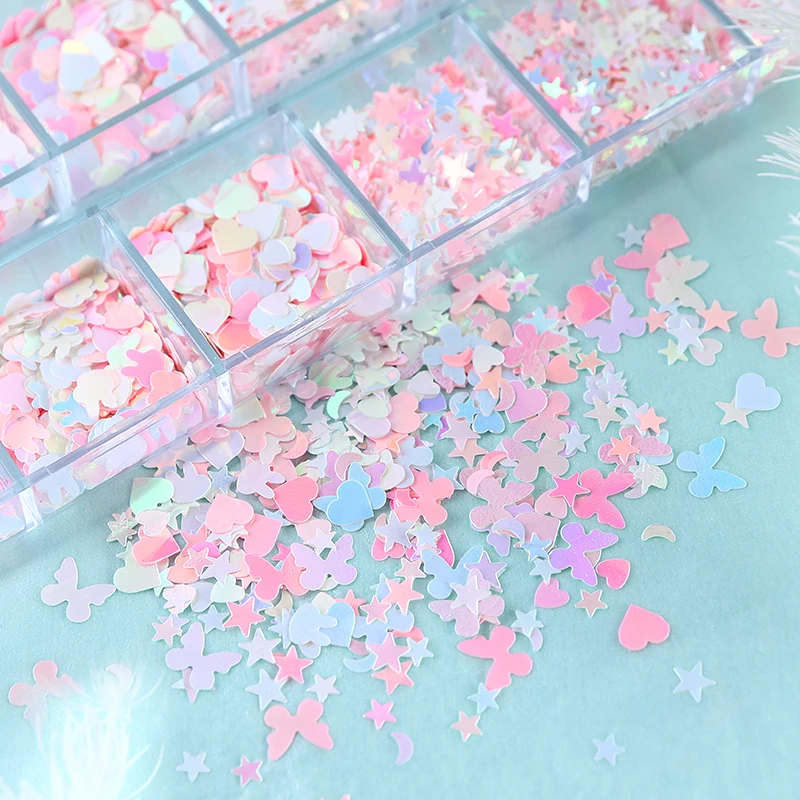 12 Grids Mixed Macaron Love Shape Korean Nail Parts Flower Sequins Star Ultra-thin Summer Decoration Accessories Nail Supplies