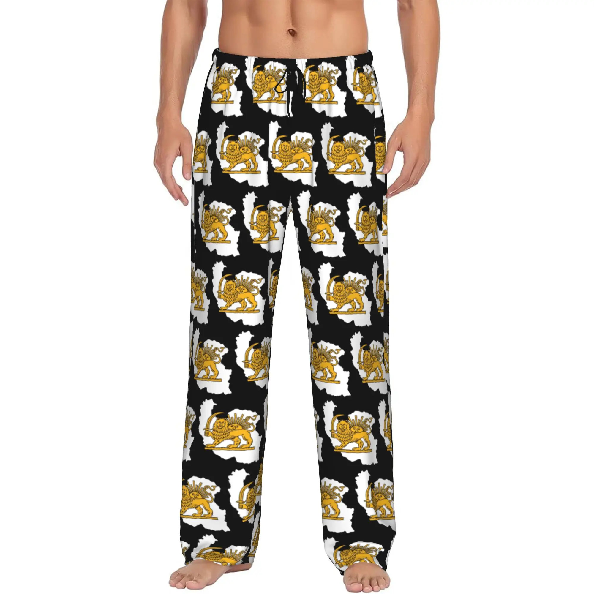 

Custom Iran Flag Persian Winged Lion Pajama Pants Sleepwear Men's Elastic Waistband Sleep Lounge Bottoms with Pockets