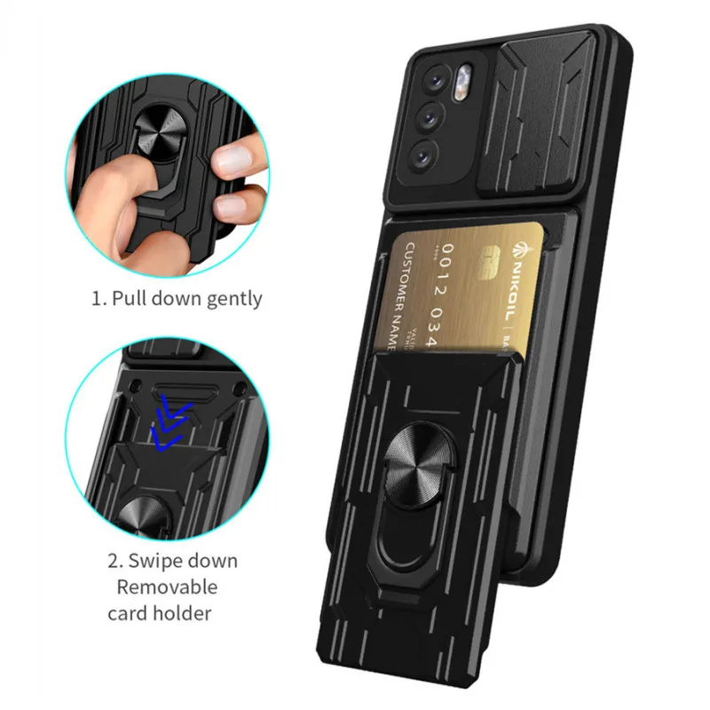 

For OPPO A16 Case Slide Camera Shockproof Armor Phone Cases For OPPOA16 CPH2269 Car Magnetic Holder Ring Card Slot Bracket Cover