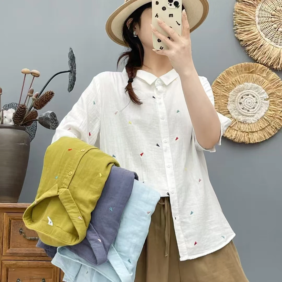 

Japanese Sweet Mori Girl Heart Embroidery 100% Cotton Shirts Women Summer Turn Down Collar Half Sleeve Casual Loose Blouse Tops