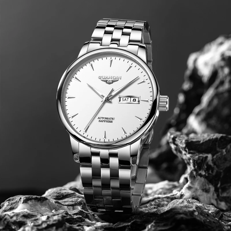 GUANQIN męskie zegarki automatyczne mechaniczne podwójne okienko kalendarza stal skórzany biznesowy rekreacyjny świecący wodoodporny zegarek na rękę