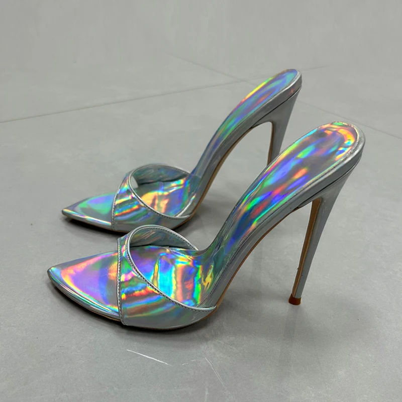 

Тапочки 12 см, глянцевые, разноцветные, серебристые, с открытым острым носком, на очень высоком тонком каблуке 10 см, сексуальные женские сандалии без шнуровки на открытом воздухе LX083