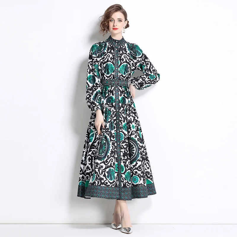 

Autumn Vintage Print Loose Robe Dress Women's Stand Long Lantern Sleeve Buttons Up Floral Print Belt Holiday Party Vestidos