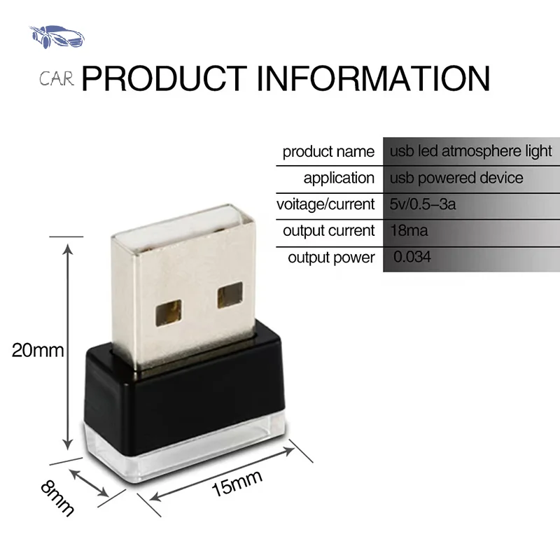 Mini USB LED Atmosfera Luzes, Luz Interior do Carro, Auto Plug Portátil, Lâmpada Ambiente, Decorativa, 1Pc