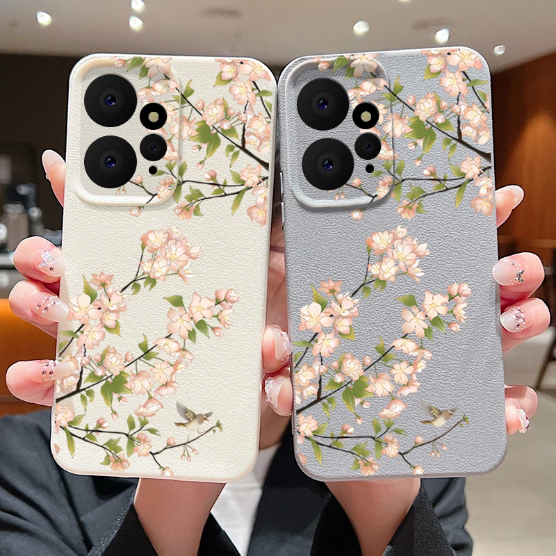 Pink Cherry Blossom Sakura Phone Case For Xiaomi 13T Pro Funda Redmi Note 11 12 14 13 Pro 5G Leather Texture Silicone Cover