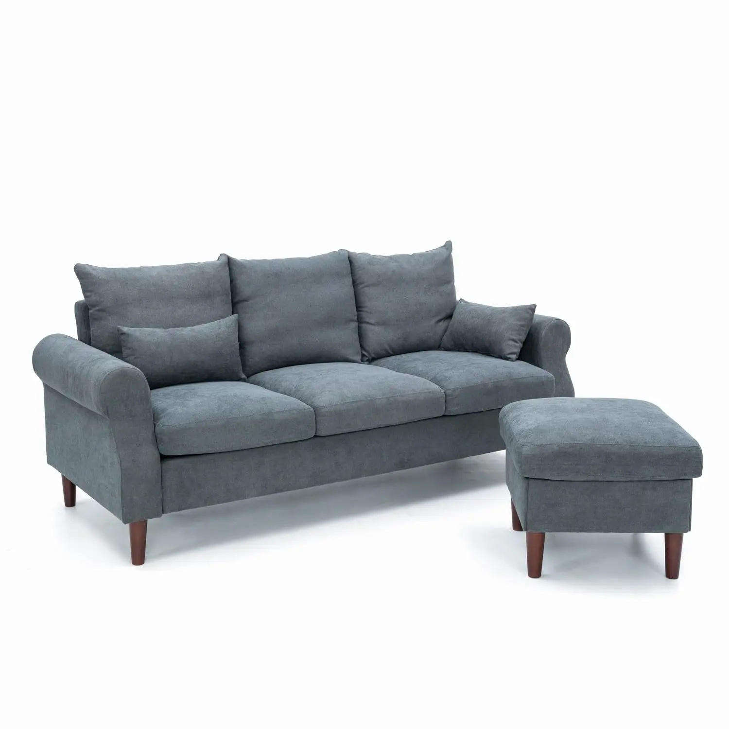 3 Seater Sofa with Footstool Set, Rolled Arm Classic Couch, Solid Wood Legs Settee for Small Living Room Office, Customized