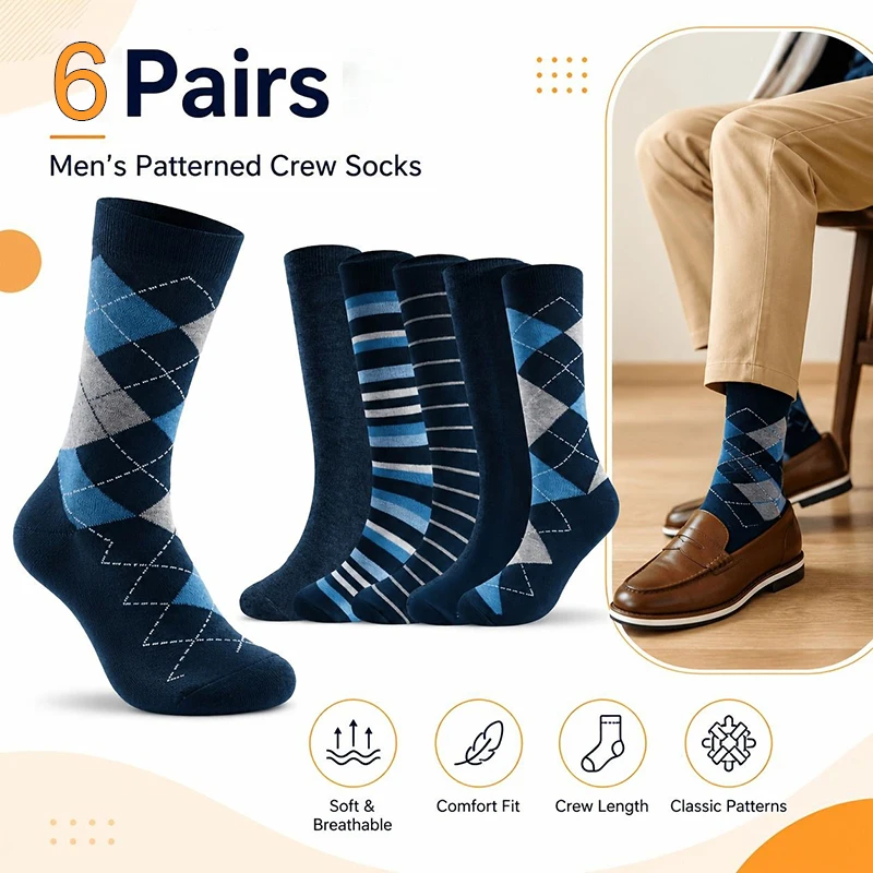 6Pairs Men Vintage British Style Business Dress Crew Socks Soft Breathable Striped Solid Mid Calf Sock for Office Daily Wear