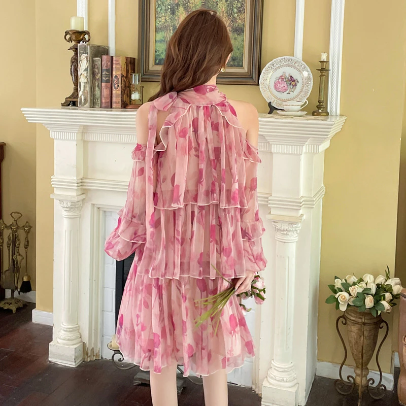 Women Summer Dress Ruffle Strapless Halter Sweet Sexy Female Clothing Fashion Broken Flower Vintage Chiffon Elegant Robe Dresses