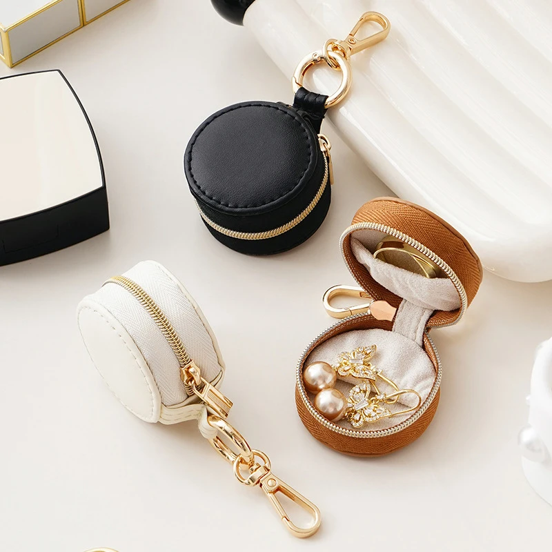 New Mini Round Jewelry Box For Travel Earrings Necklace Storage Ring Box Zipper Portable Jewelry Organizer Box