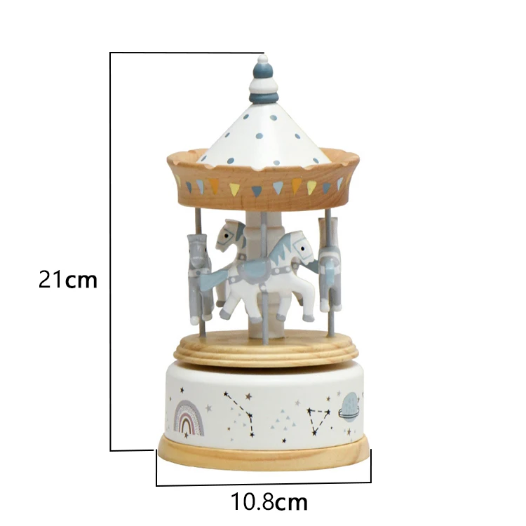 Handmade beech clockwork round wooden carousel music box logo custom birthday gift