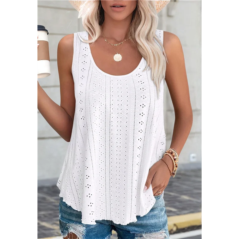

【SEE】Womens Tank Tops Sleeveless Eyelet Embroidery Scoop Neck Loose Fit Casual Summer Flowy