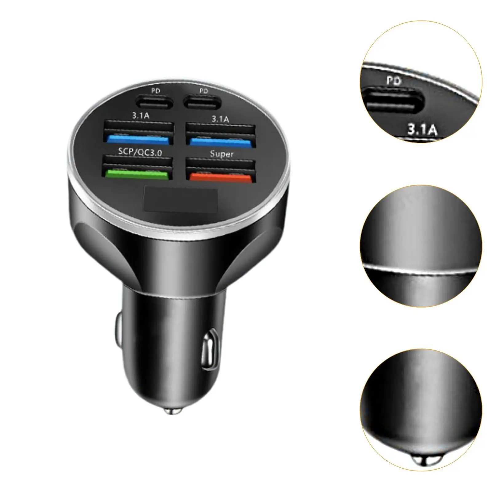 LED Display Car Charger 6 in 1 USB Fast Charging Adapter 120W Type C PD Output for Vehicle Lighter Socket