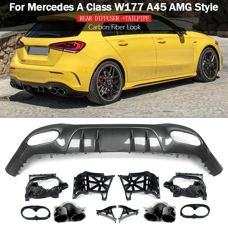 FOR MERCEDES A CLASS W177 AMG A45 A45S LOOK REAR DIFFUSER TAILPIPES CARBON LOOK