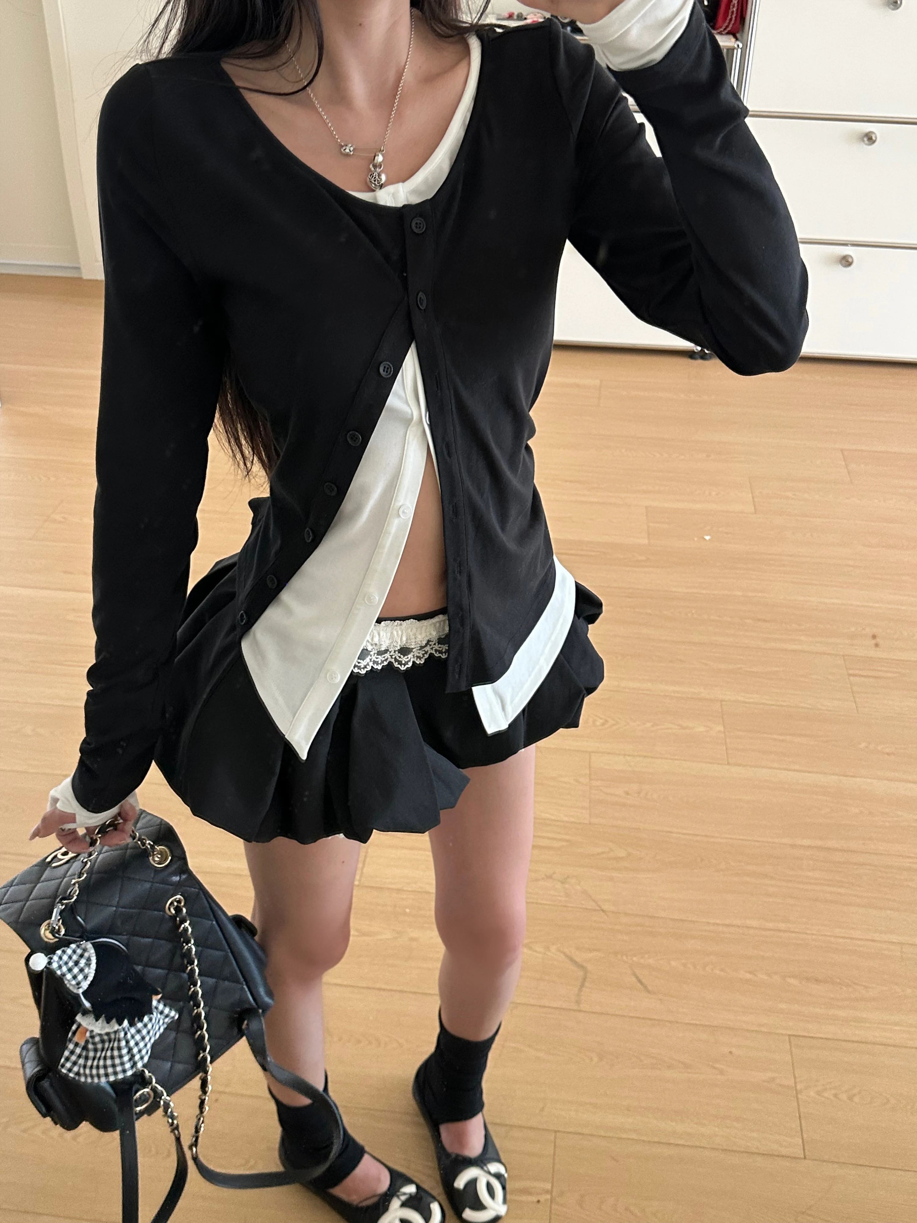Black Knitted Fake Two-Piece Color Block Women's Top Warden  Morning Evening Beat Autumn Long Sleeve V-Neck Open Cardigan