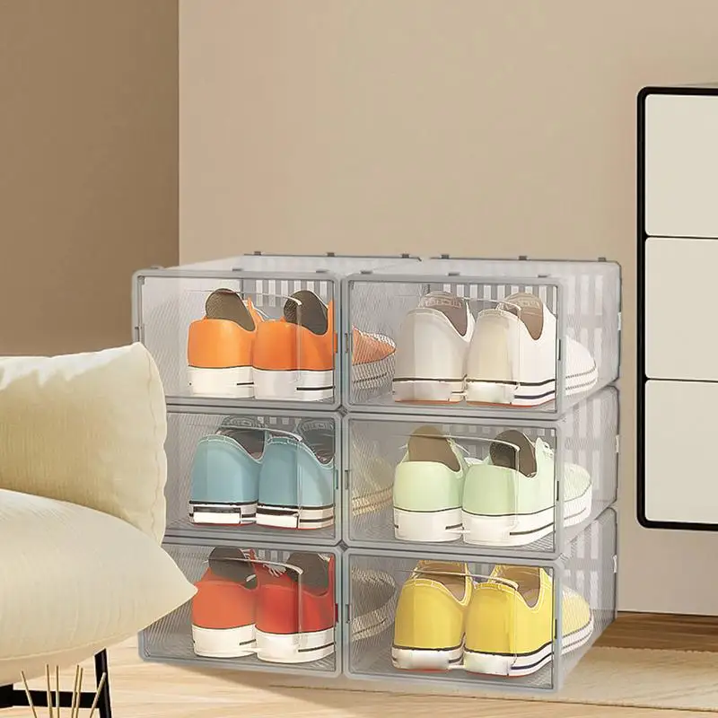 6PCS Transparent Waterproof Pack Shoe Storage Organizer Collapsible  Shoe Boxes for Cabinets Tables Stackable Shoe Boxes