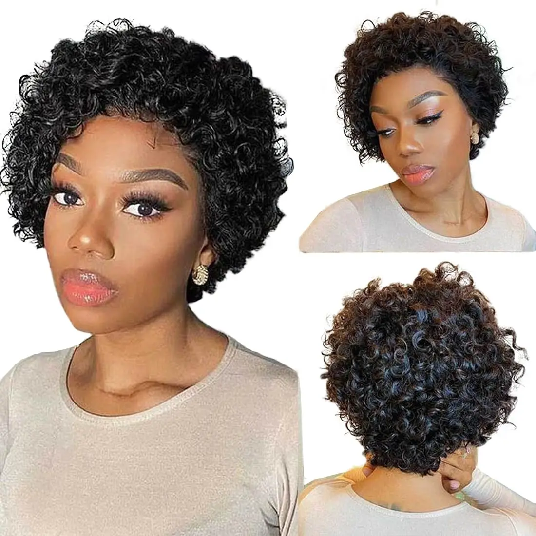 Alimice Natural Human Hair Pixie Cut Hair Wig 13X1 Short Curly Lace Front Wigs Human Hair Short Curly Wigs For Women (6inch 1B#)