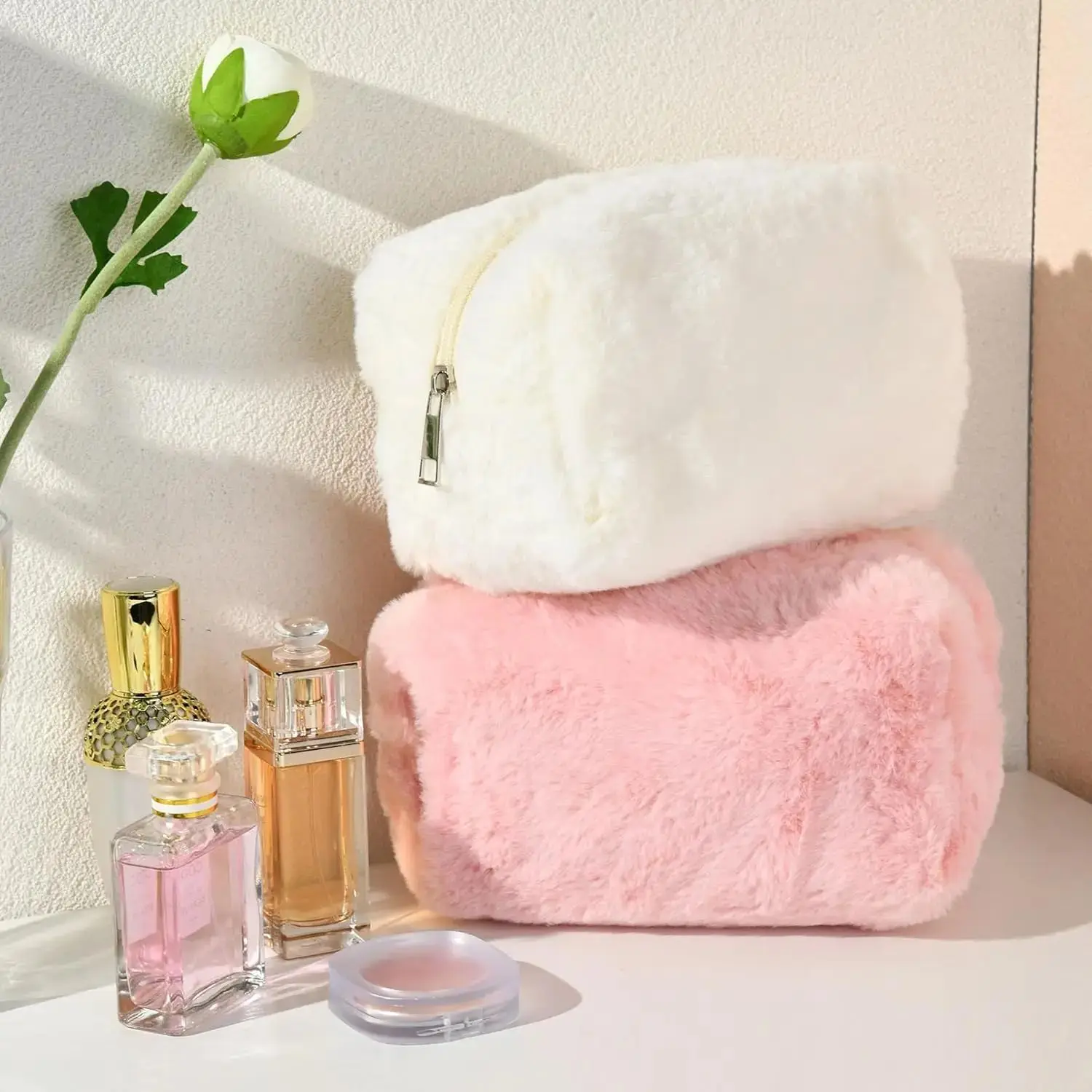 Makeup Bag Cute Cosmetic Bag Plush Pink White Makeup Pouch Travel Toiletry Bag Organizer Puffy Storage Bag for Women