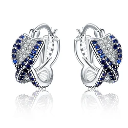 Huitan Geometric Cross Shaped Hoop Earrings for Women Luxury Inlaid Blue/White Cubic Zirconia Temperament Female Fashion Jewelry