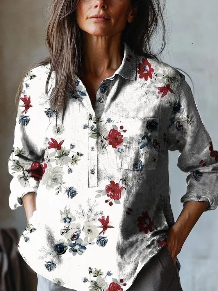

Spring Autumn Women's V-Neck Long Sleeves Pullover Shirt Top Retro Collar Women's Button Casual Bohemian Sports Top Vacation