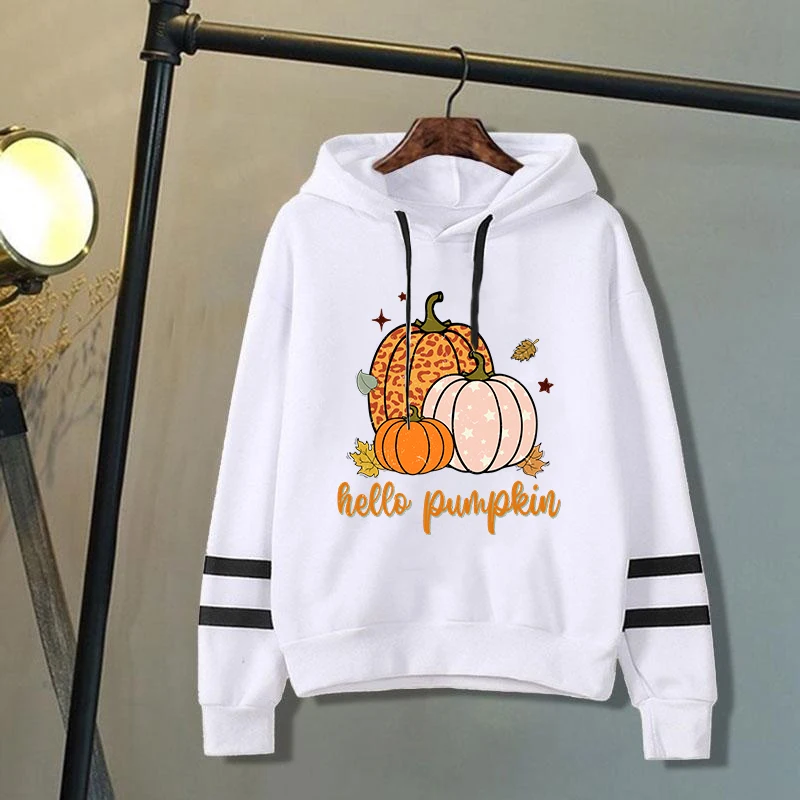 

New Fall Hello Pumpkin Print Hoodies Women Spring Autumn Fashion Pullovers Ladies Solid Color Hooded Full Sleeve Sweatshirt