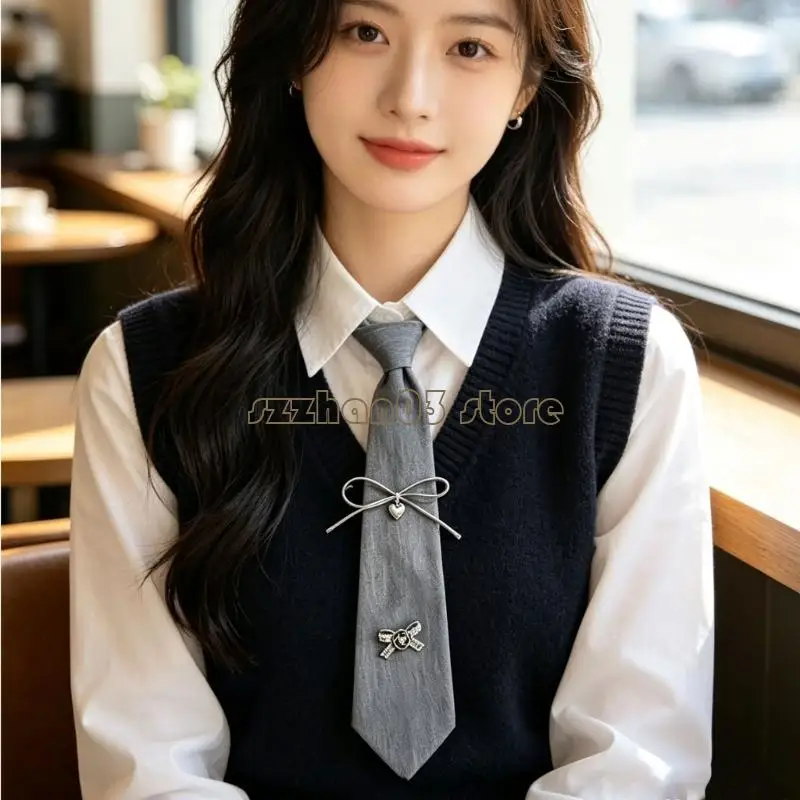 367C Clip On Short Blouse Tie Silver Gray Costume Necktie for Office and Campus Wear