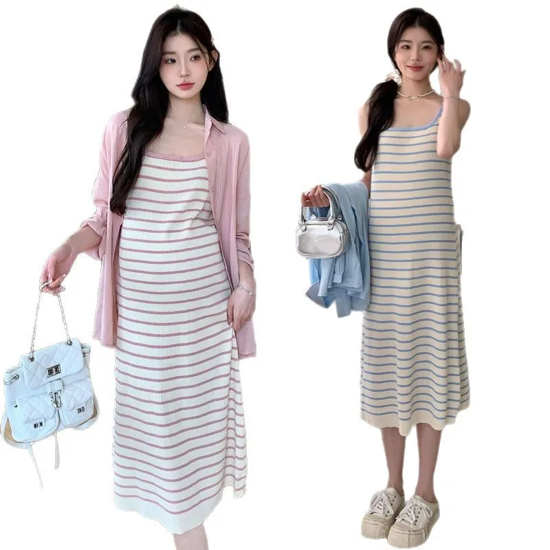 Summer Maternity Set: Knit Striped Sundress + UV-Protection Shirt - Slimming & Breathable Two-Piece Pregnancy Outfit for Moms
