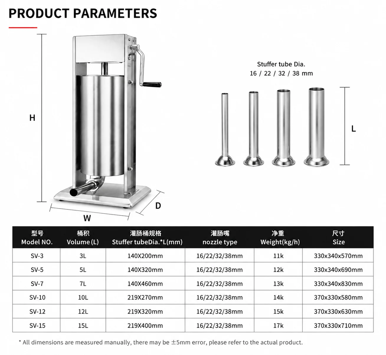 Stainless Steel Commercial Sausage Stuffer 7L Manual Sausage Filling Machine with 4 Nozzles for Restaurant Meat Processing