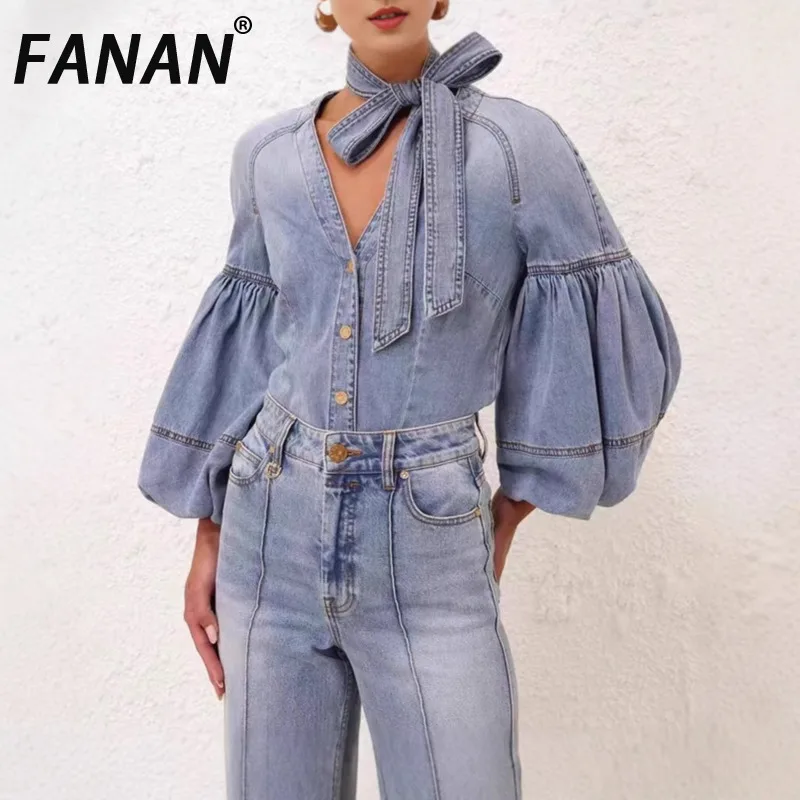 

FANAN Fashion Washed Denim Shirts For Women V Neck Single Breasted Puff Office Lady Blouses Female Fit Tops 2025 Autumn New