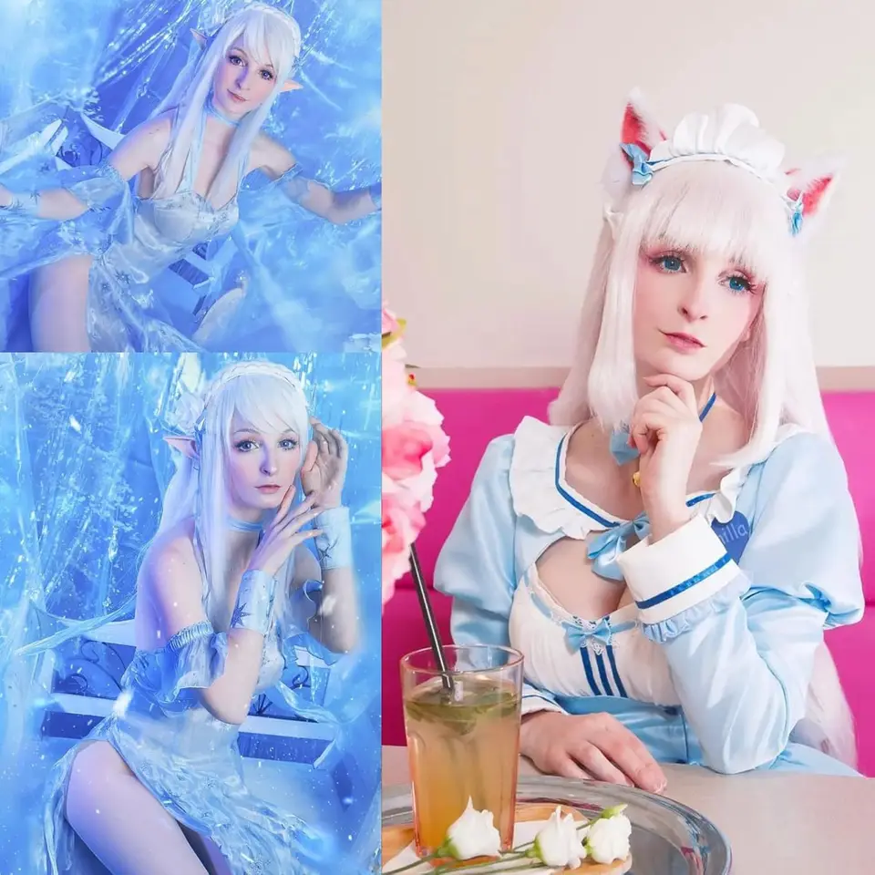 Peluca larga sintética plateada blanca para cosplay anime, fiesta de Halloween, lacia blanquecina con flequillo 4