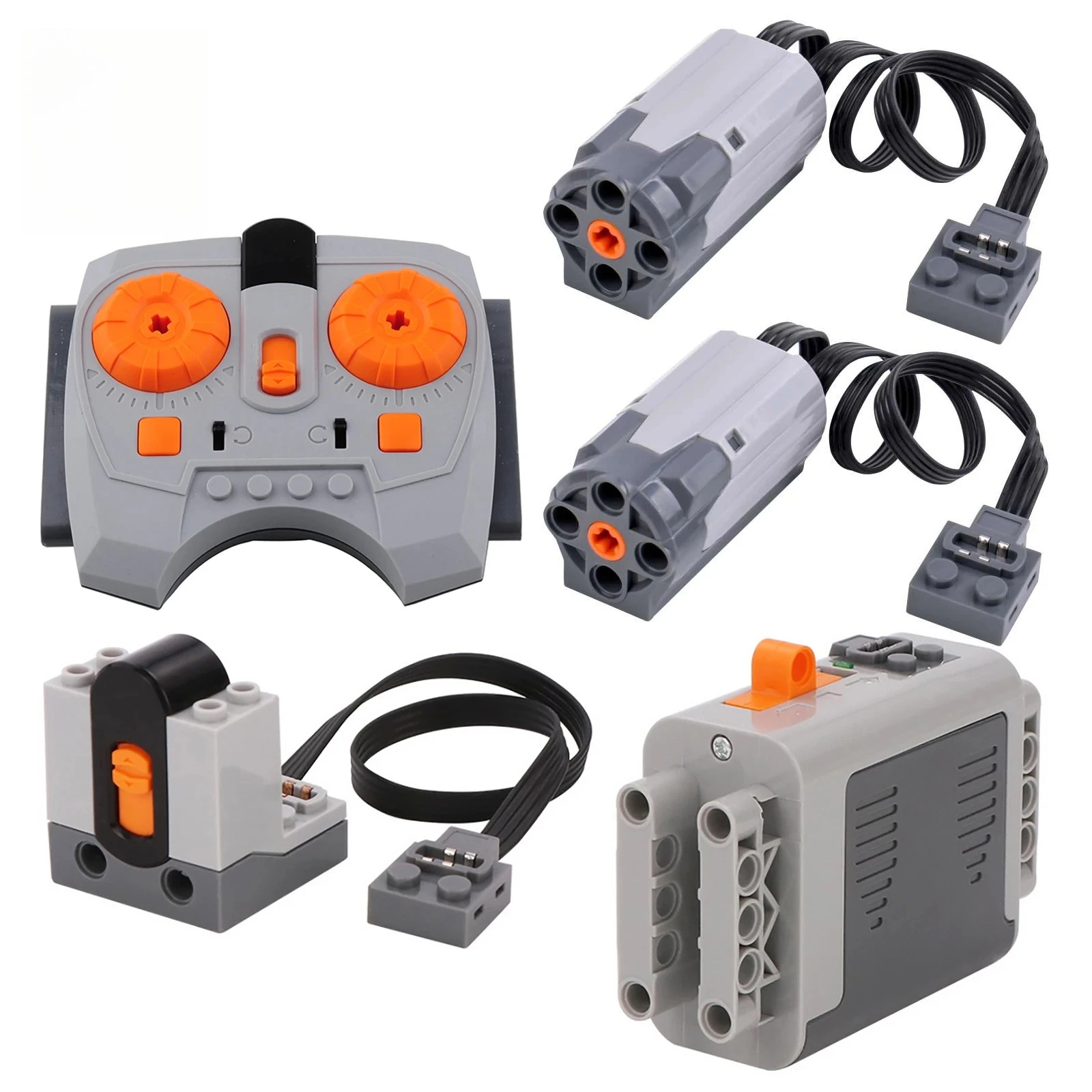 Zestaw 5 w 1: Odbiornik IR MOC, pilot zdalnego sterowania, 2 silniki M-Motor i obudowa na baterie AA do modeli budowlanych MOC PF, zestaw części PF