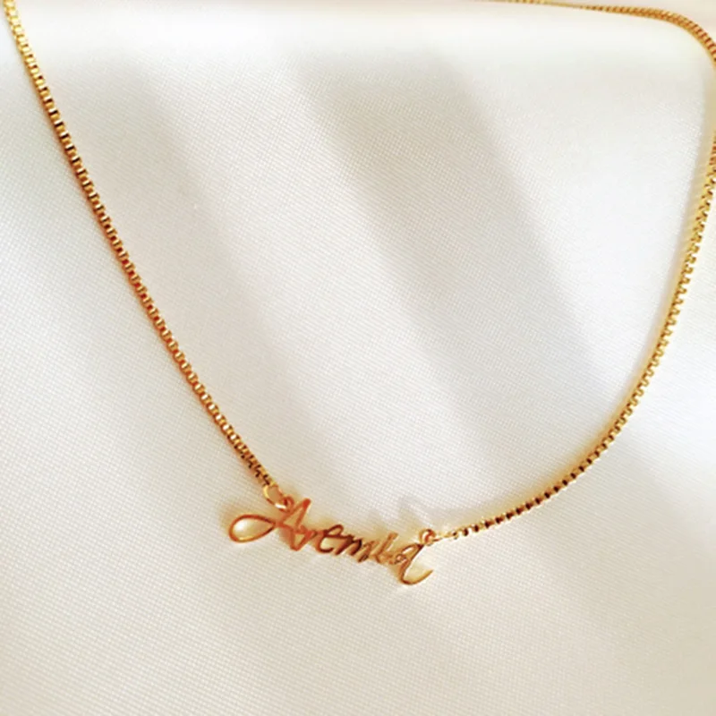 Custom Name Necklaces for Women Personalised Cursive Font Stainless steel Box Chain Gold Choker Necklace Nameplate Jewelry Gift