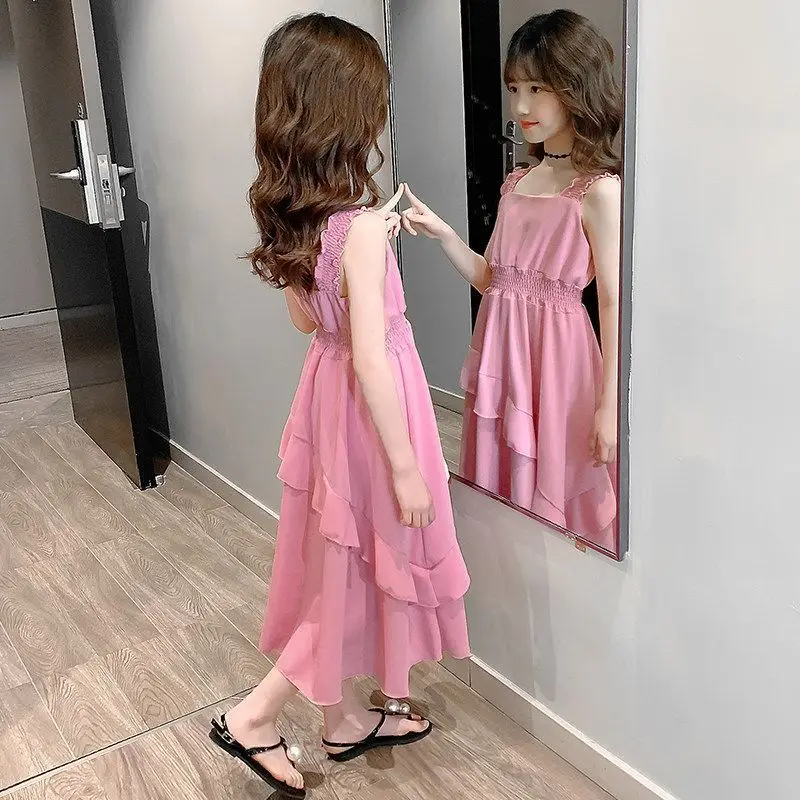 Teenager-Mädchen Sommerkleider 2026 Neu Kinder Lässiges Einfarbiges Ärmelloses Trägerkleid mit Taillengürtel Kinder Urlaubsstil Prinzessinnenkleid – Detail 8