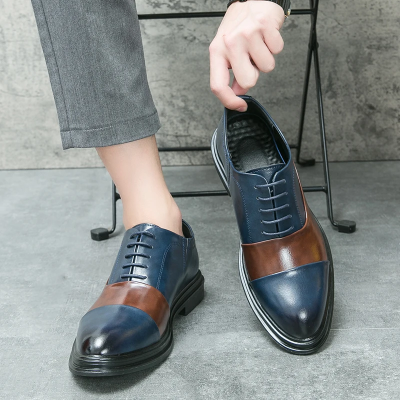 

Men Formal Shoes Brown Blue Patchwork Patent Leather Business Fashion Derby Shoes Wedding Social Shoes Sizes 38-46 Men Shoes
