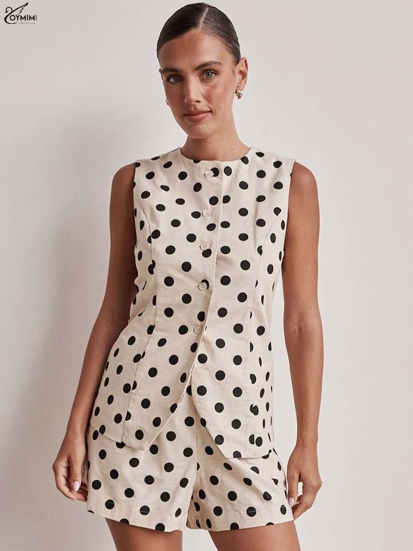 

Oymimi Elegant White Print 2 Piece Sets Woman Outfits Casual Cotton O-Neck Sleeveless Button Shirts And Zip Pockets Shorts Sets