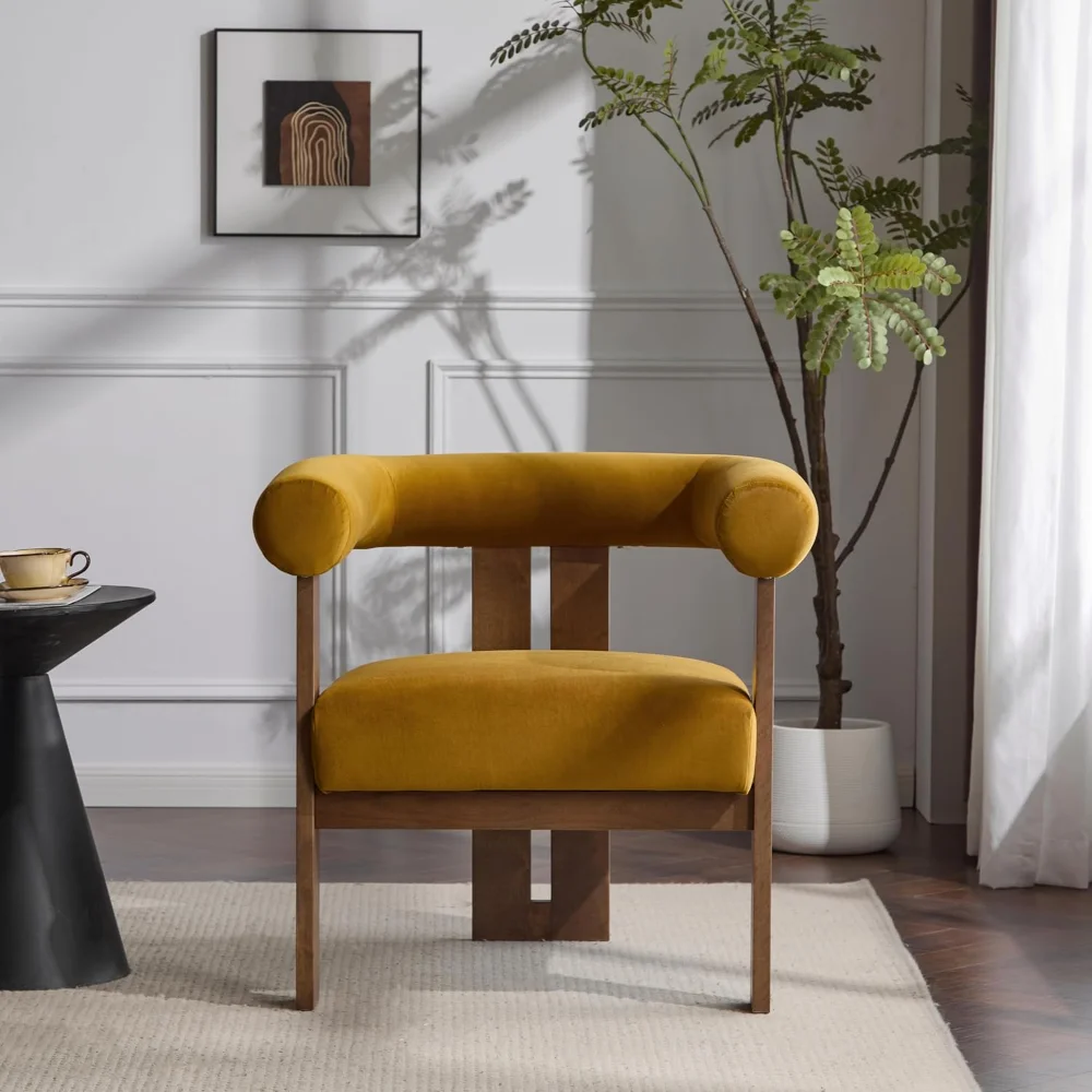 Silla decorativa tapizada de terciopelo moderna, sillón redondo con respaldo curvo, silla de club con base de madera maciza de tres patas
