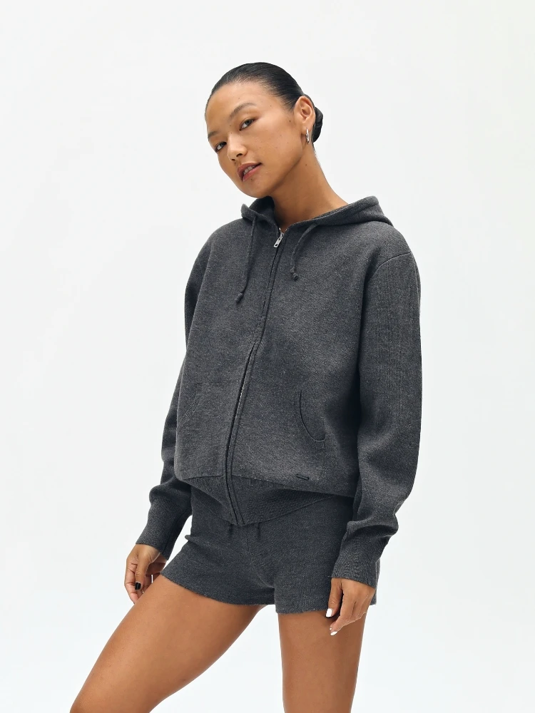 

Oneup Knitted Hoodie Jacket Women's Loose Small Size Grey Zipper Sweater Open Cardigan Top Autumn Fashion Casual Streetwear