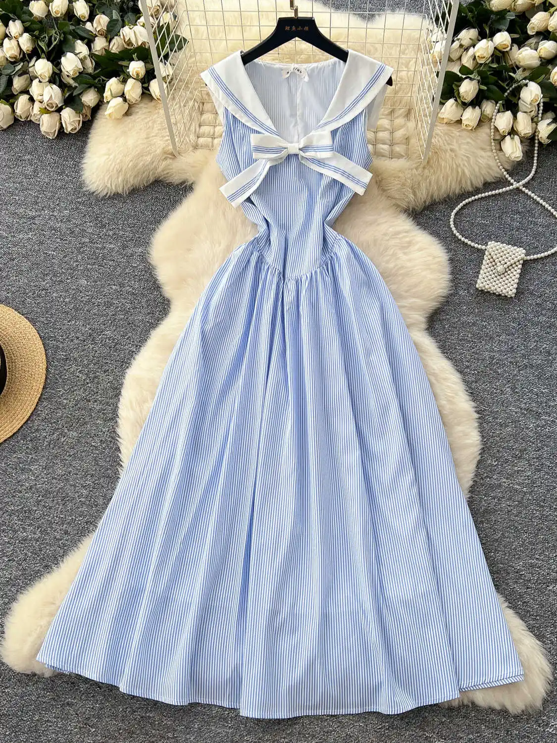 Women's Blue Striped Bow A-line Dress Vintage Sailor Collar Long Dress Y2k  One Piece Frocks 2000s Cutecore Clothes Summer 2025 - AliExpress 200000345