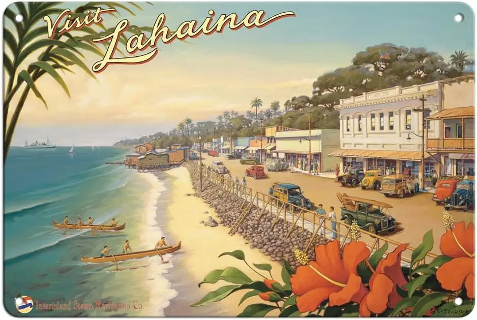 Pacifica Island Art Visit Lahaina - Maui Hawaii - Póster de viaje hawaiano vintage de Kerne Erickson, cartel de metal