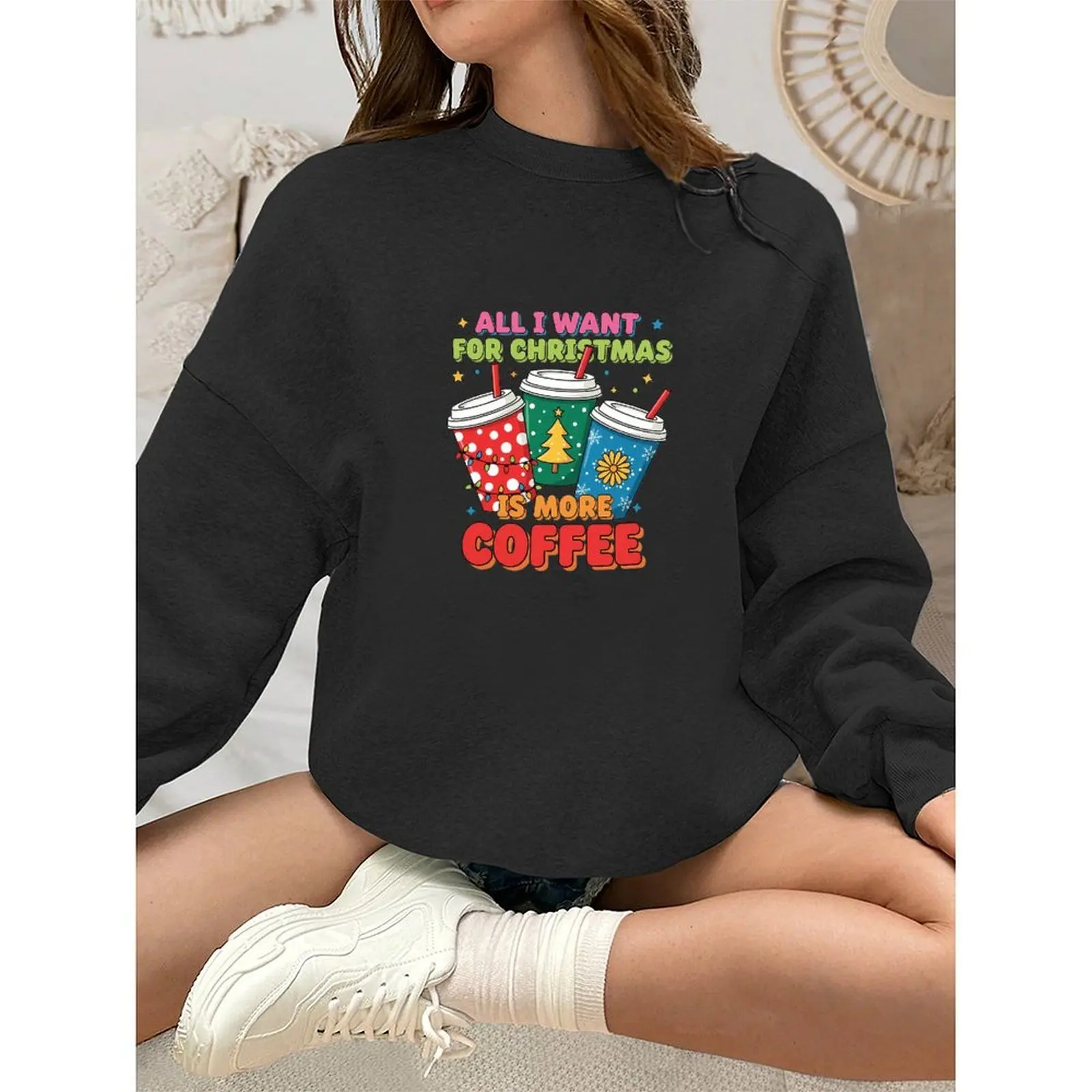 

Round Neck Long Sleeve Pullovers Woman Elegant Sweatshirt Velvet Winter Casual Loose Comfortable Christmas Printed Pattern Tops