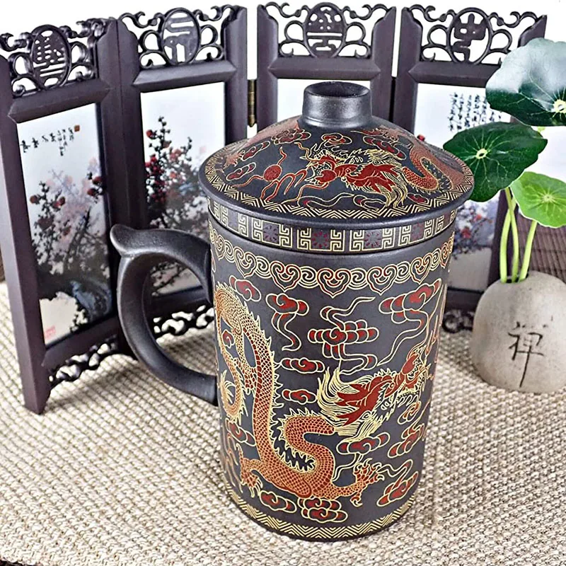 Chinese Tea Mug with Infuser and Lid 10Oz Chinese Yixing Purple Clay Dragon Tea Infuser Mug with Lid  Mug Retain Heat Very Well