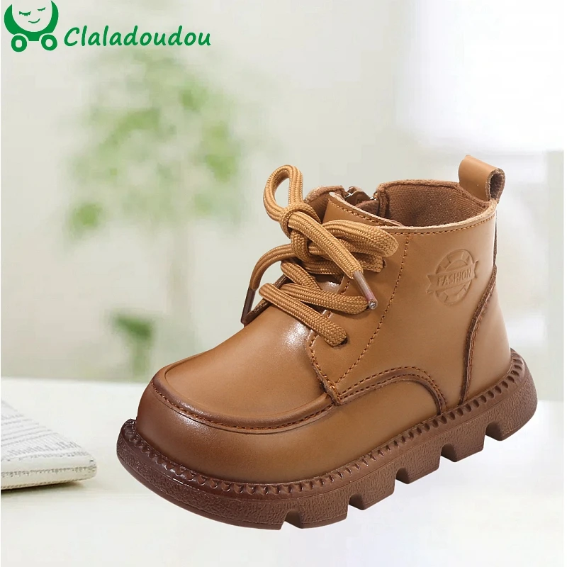 Claladoudou 12-19cm Kids Spring Boots Solid Wide Toe Ankle Boots For 0-6years Old Children Girls Boys Lace-up Fashion Shoes