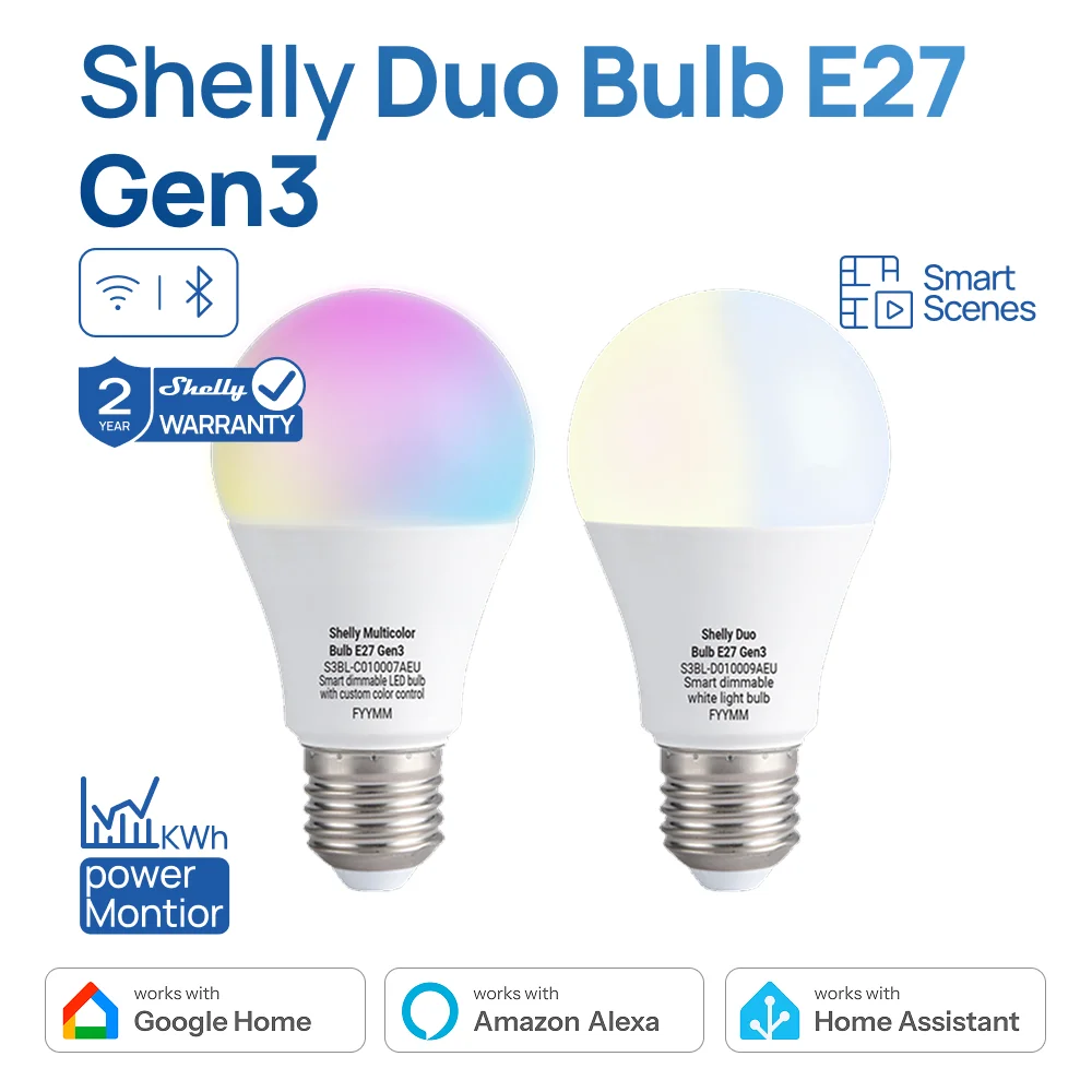 

Умная Wi-Fi лампа Shelly Duo E27 Gen3 с регулируемыми теплыми и холодными белыми оттенками, предустановленной яркостью и цветовой температурой при включении света